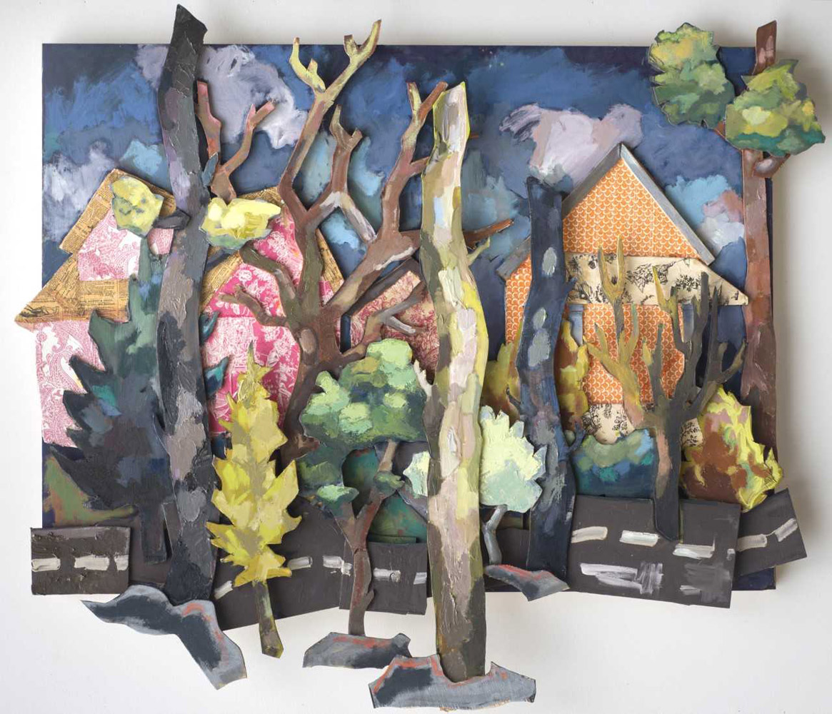 Cressent Street, Oil, panel cutouts, collage on panel, 54 x 45 x 3½