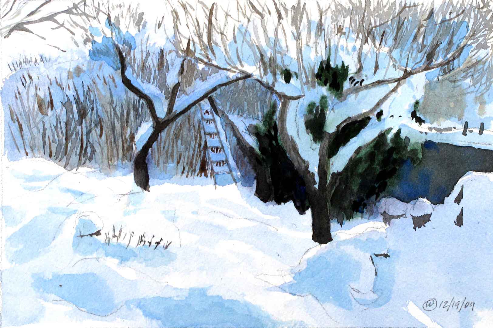 Apple Trees & Snow, Watercolor on paper, 9 x 6