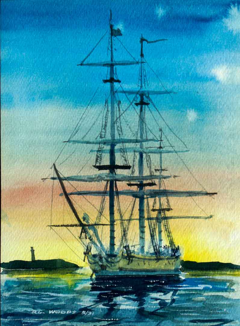 HMS Rose Hampton Roads VA, Watercolor on paper, 8.5 x 11.5