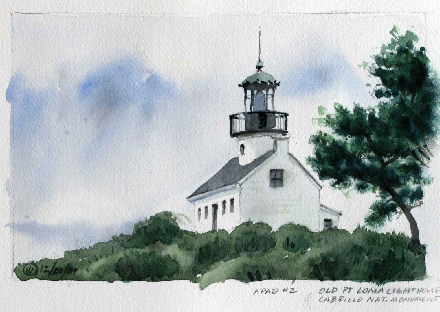 Old Point Loma Lighthouse, Watercolor on paper, 9 x 6