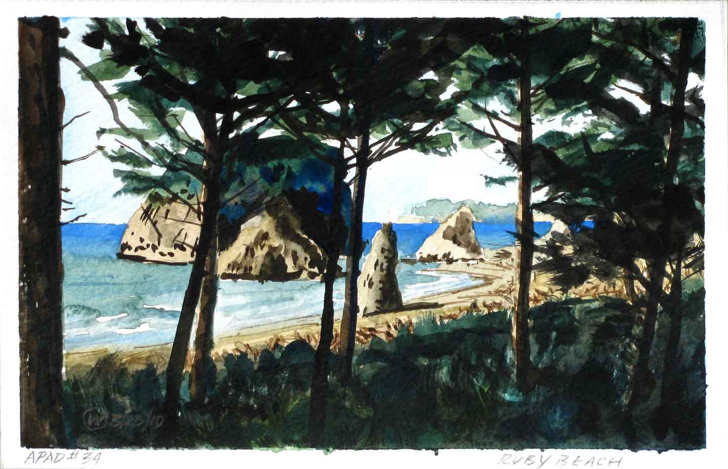 Ruby Beach Washington, Watercolor on paper, 8 x 5